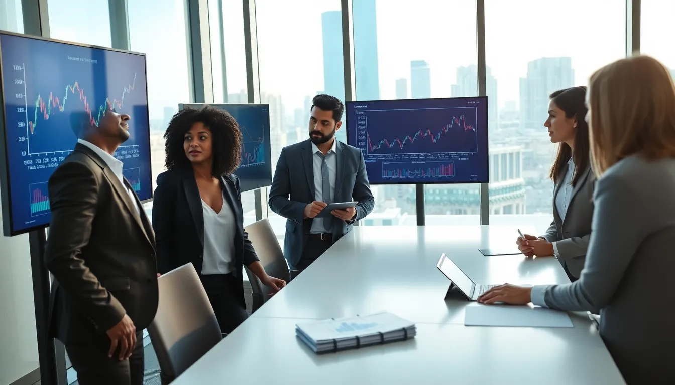 diverse team analyzing economic trends in a modern office.