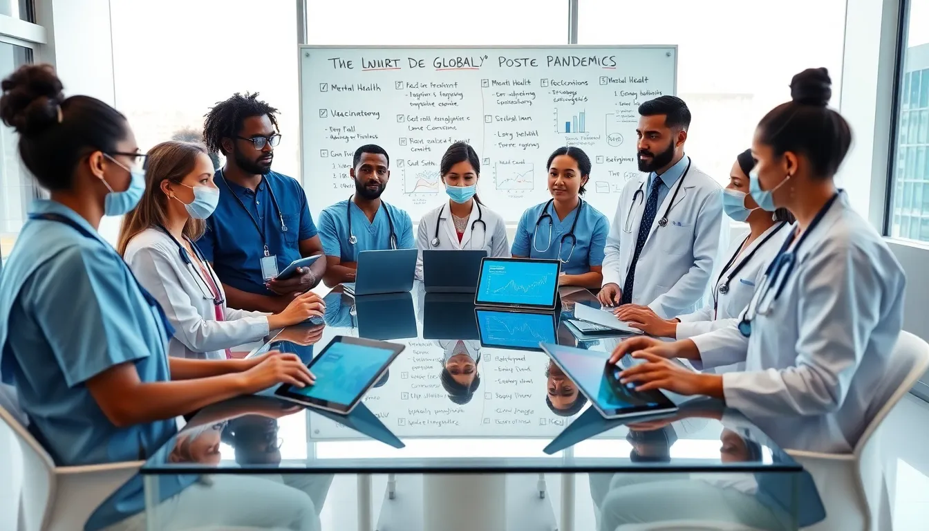 health professionals collaborating on global health challenges in a modern office.
