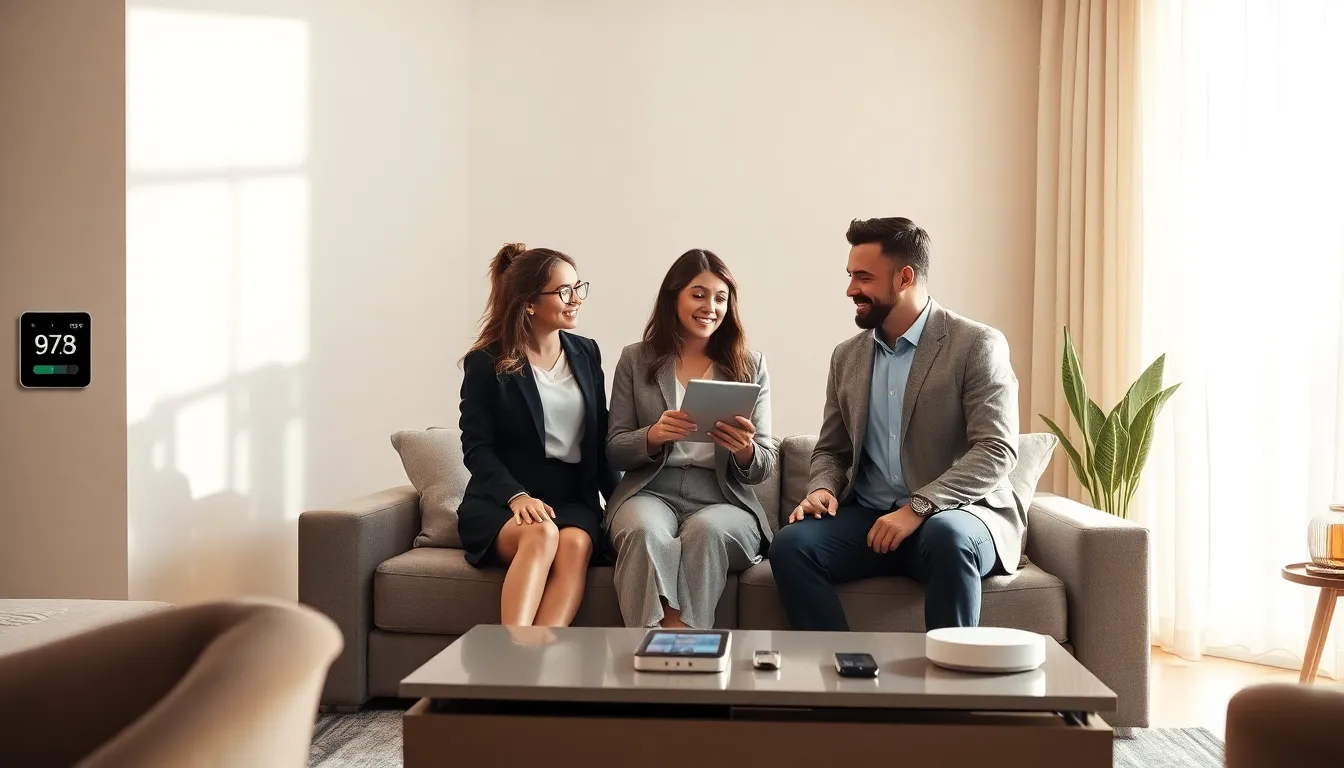 modern living room with automated lighting and smart thermostat.