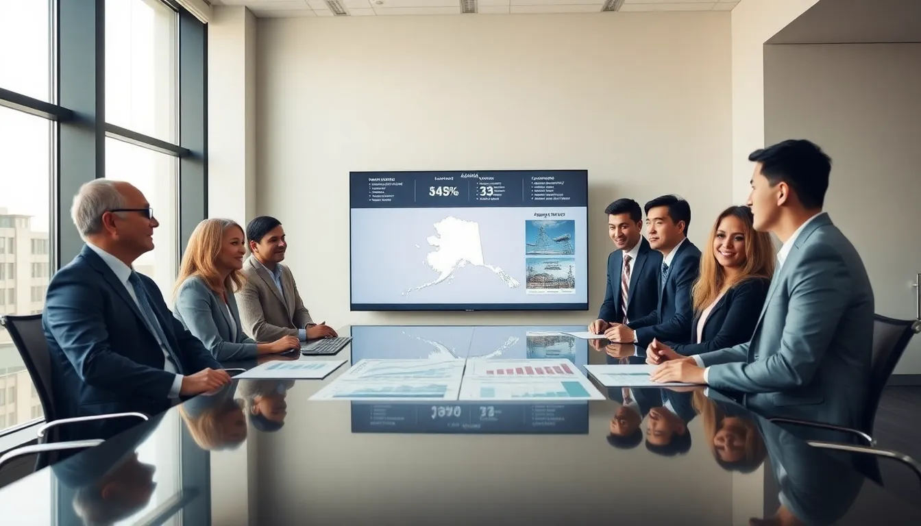 diverse team discussing Alaska's economic trends in a modern office.