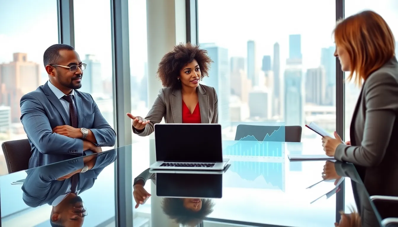 diverse economists discussing economic trends in a modern office setting.