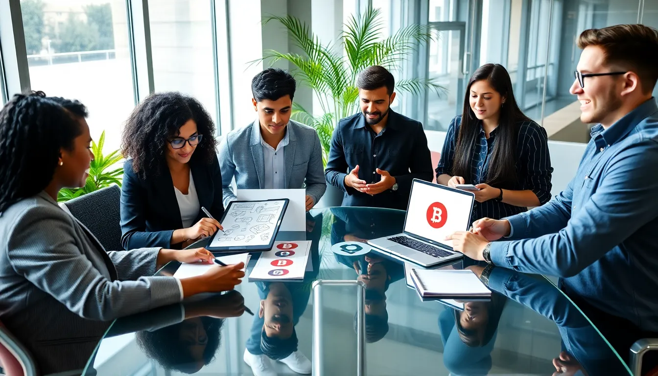 group designing tech startup logos in a modern office setting.