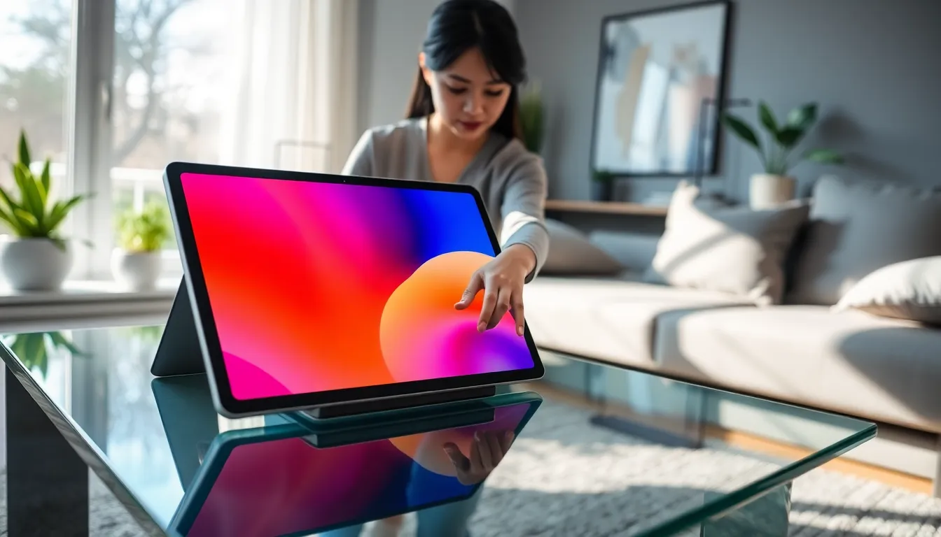 woman using a Google Home Tablet in a modern living room.