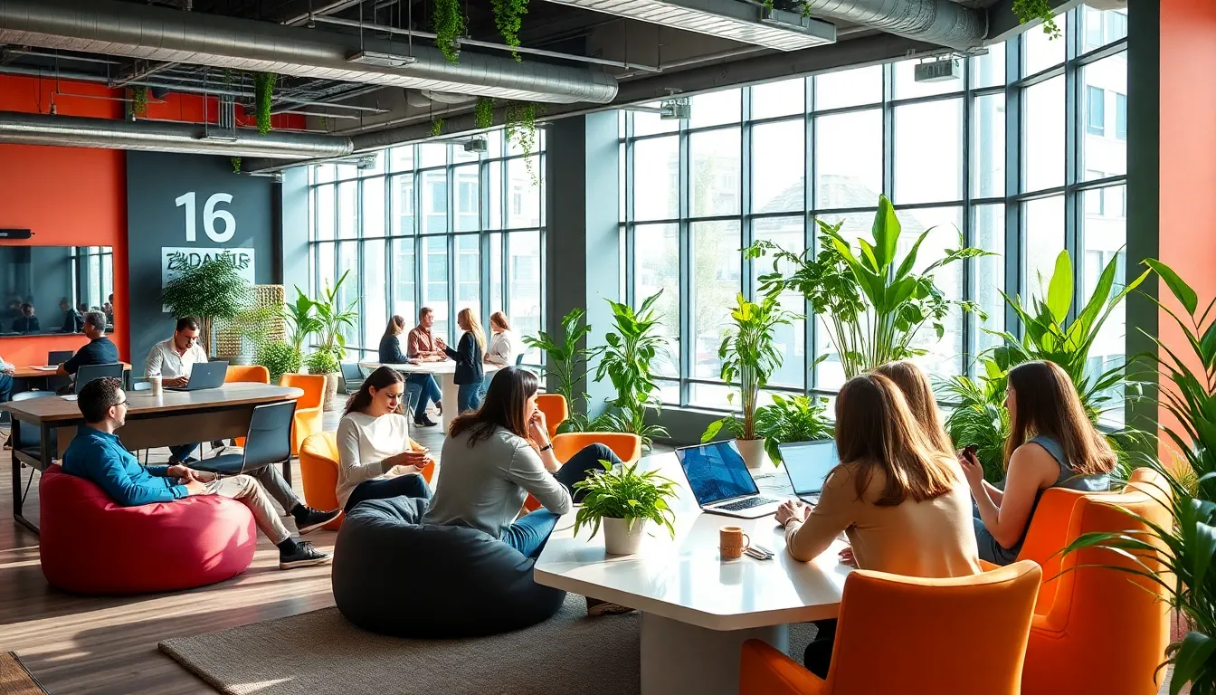 diverse team collaborating in a bright, modern tech startup office.