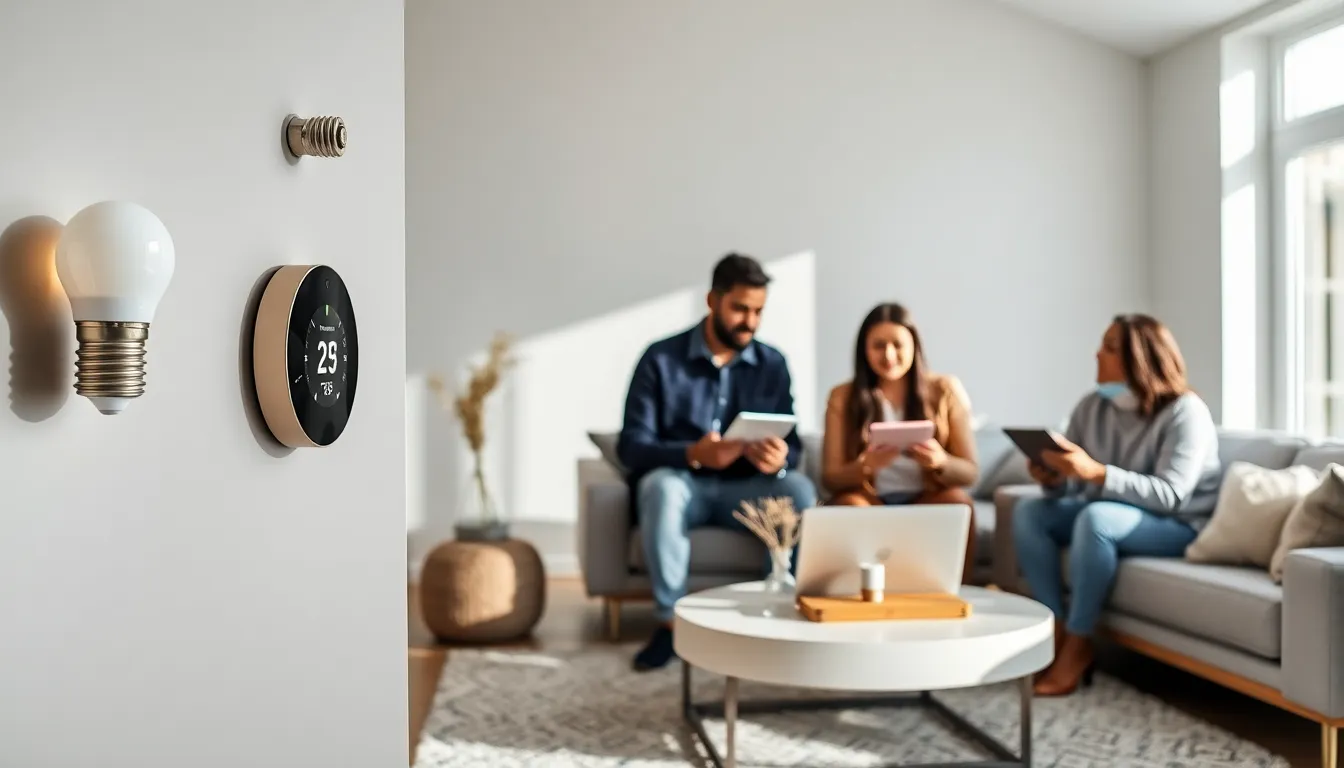 modern living room with smart gadgets and diverse professionals collaborating.