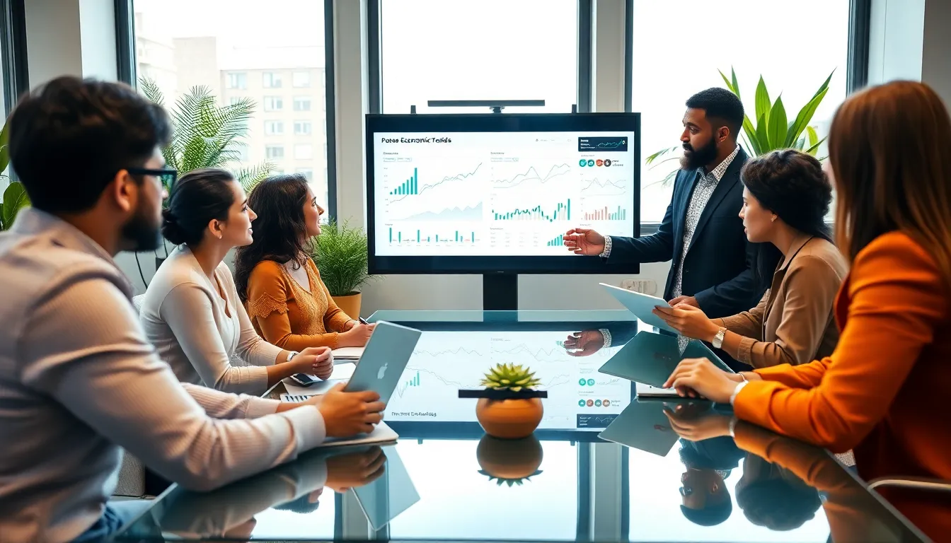 diverse professionals discussing economic trends in a modern office.