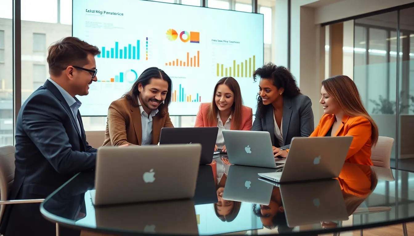 diverse team collaborating on PR strategies in a modern office.