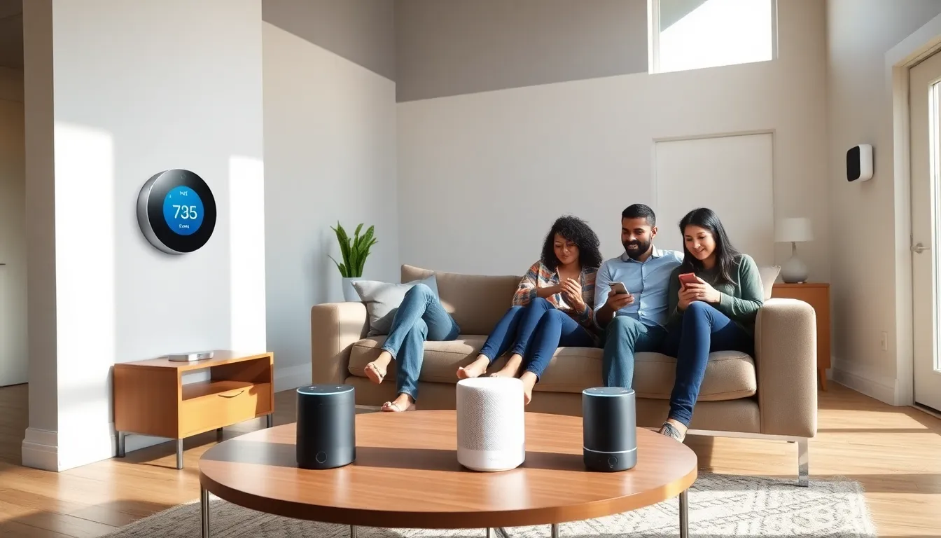 modern living room with various smart home gadgets displayed.